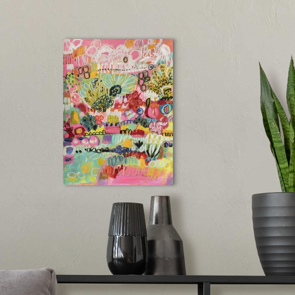 A modern room featuring Boho style illustration of tropical flowers in bloom in a pink garden.