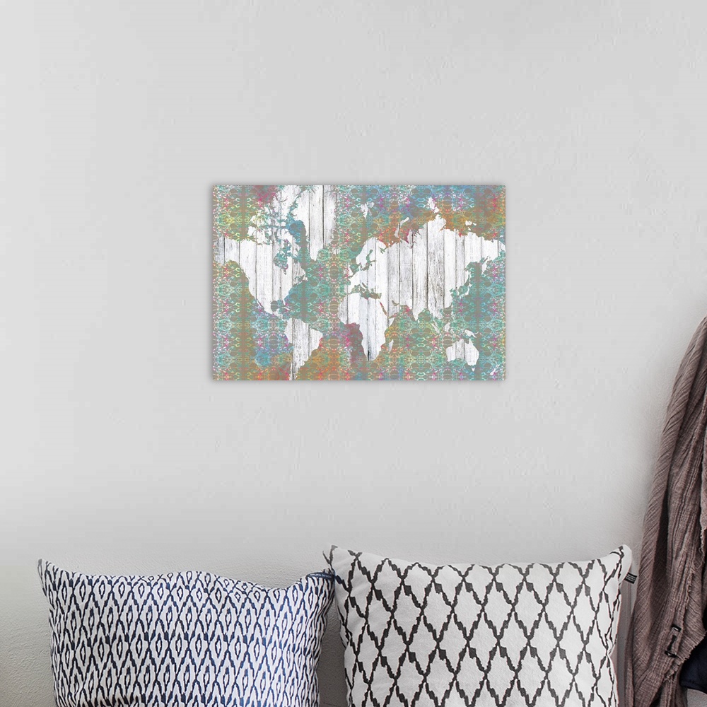 A bohemian room featuring Contemporary art map using muted colors and rustic wood textures.