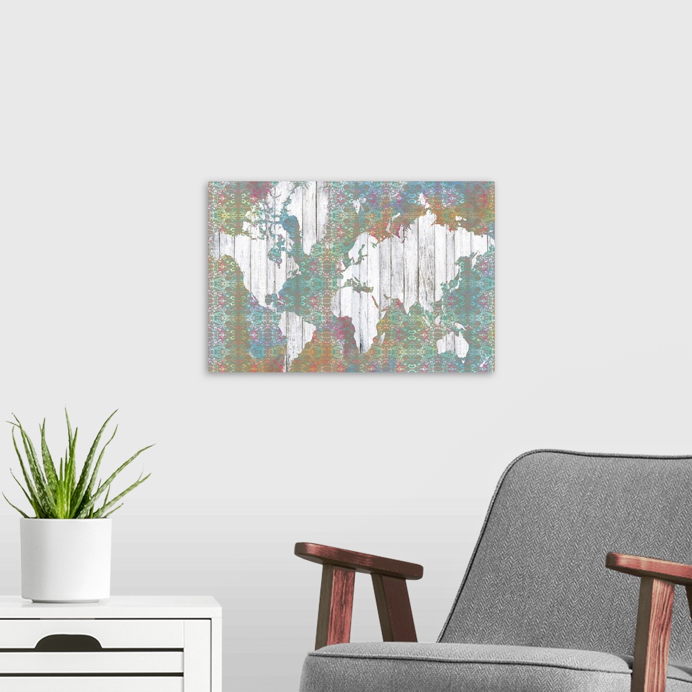 A modern room featuring Contemporary art map using muted colors and rustic wood textures.