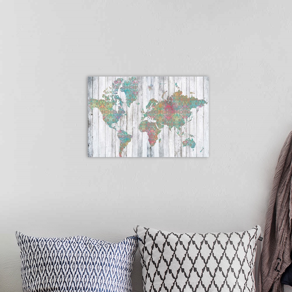 A bohemian room featuring Contemporary art map using muted colors and rustic wood textures.