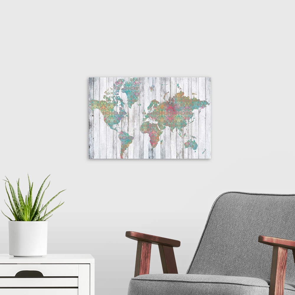 A modern room featuring Contemporary art map using muted colors and rustic wood textures.