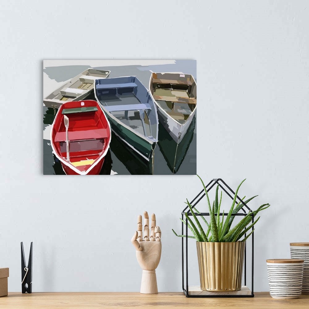 A bohemian room featuring Artwork of four empty wooden boats floating in the water.