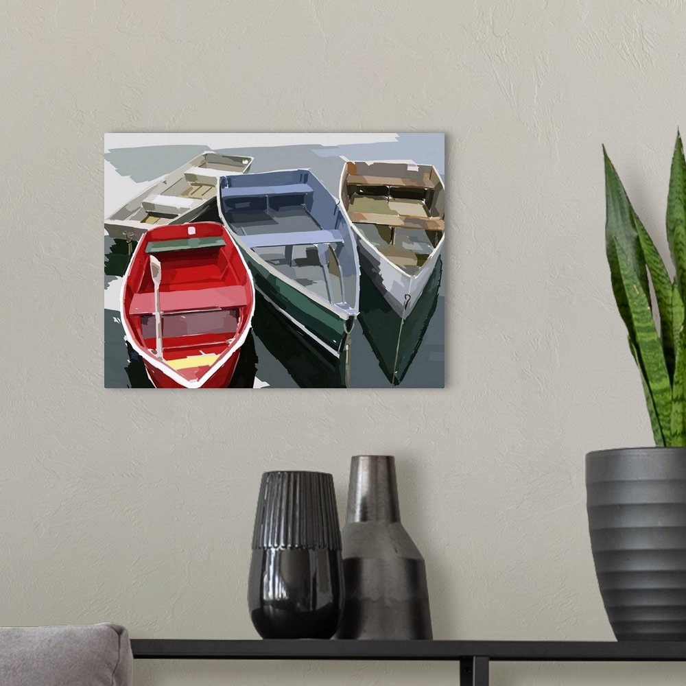 A modern room featuring Artwork of four empty wooden boats floating in the water.