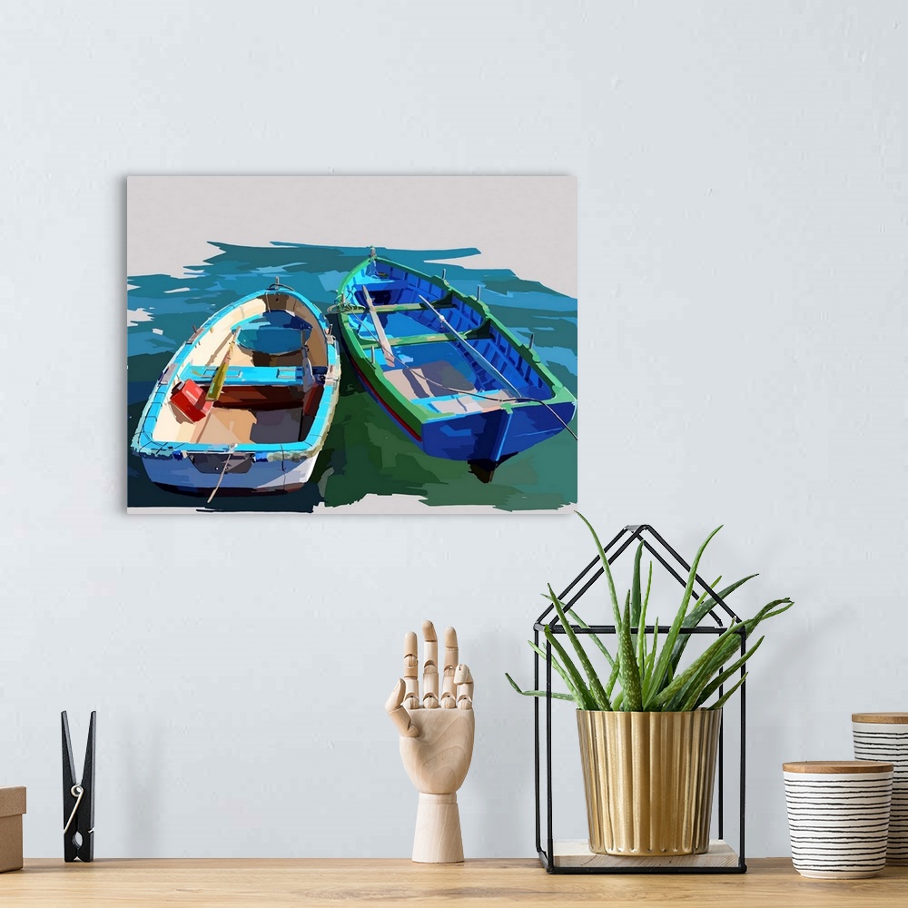 A bohemian room featuring Contemporary painting of two empty blue boats floating in the water.