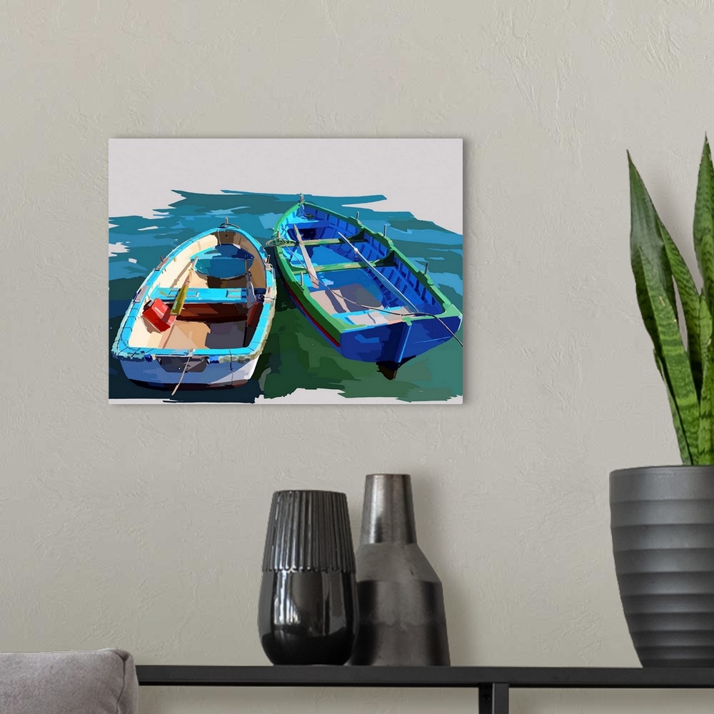 A modern room featuring Contemporary painting of two empty blue boats floating in the water.
