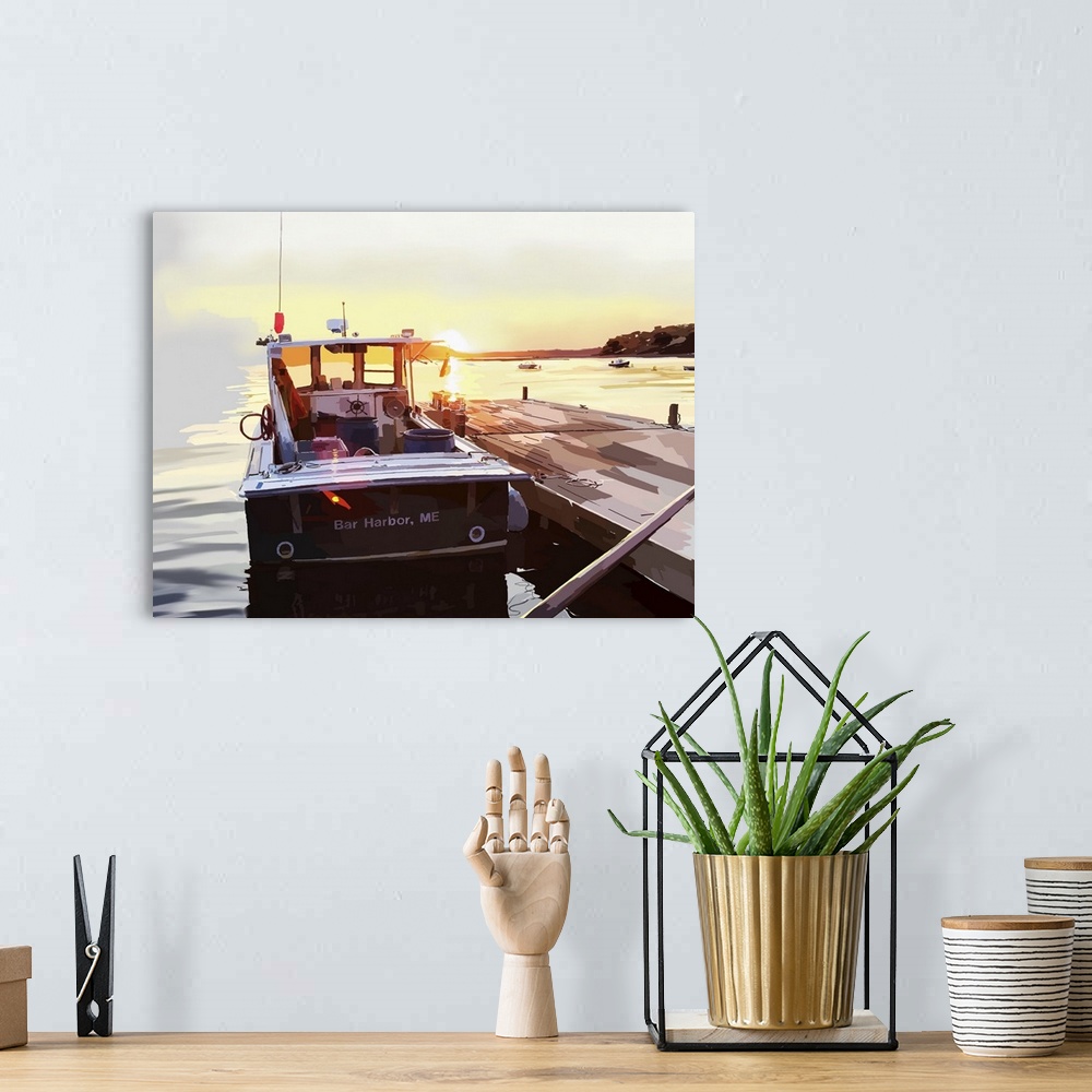 A bohemian room featuring Illustration of a boat docked at a pier at sunset.