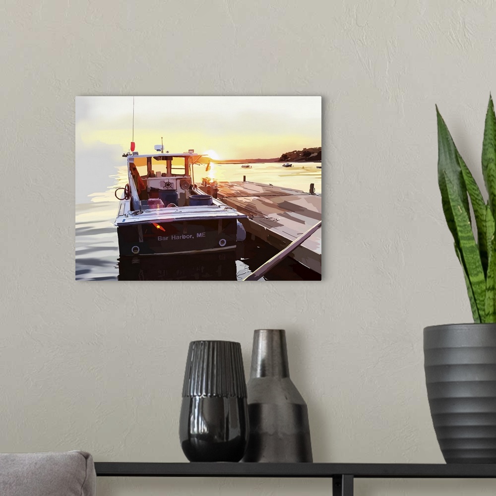 A modern room featuring Illustration of a boat docked at a pier at sunset.