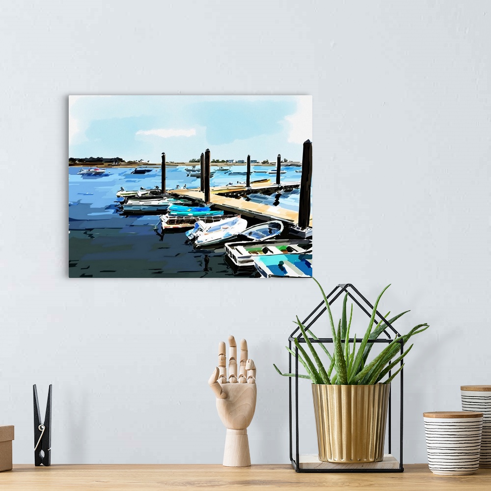 A bohemian room featuring Contemporary artwork of a wooden pier with boats docked in a marina.