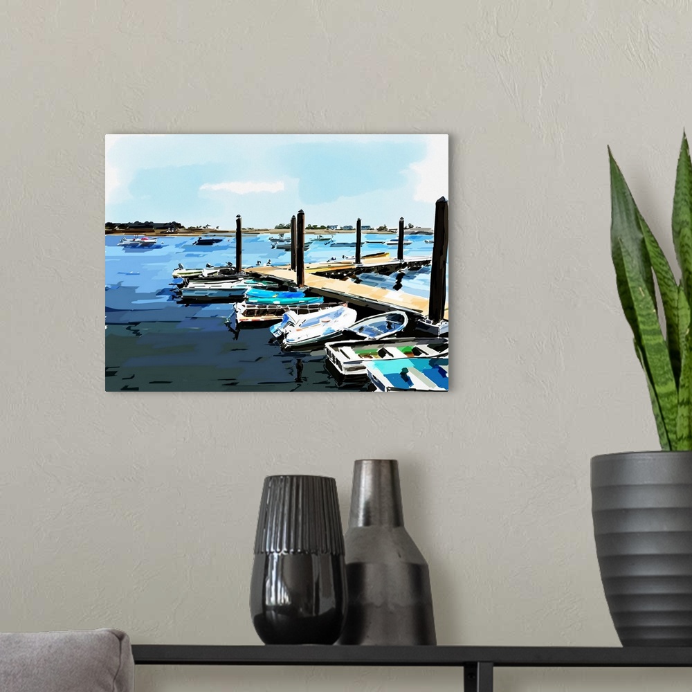 A modern room featuring Contemporary artwork of a wooden pier with boats docked in a marina.