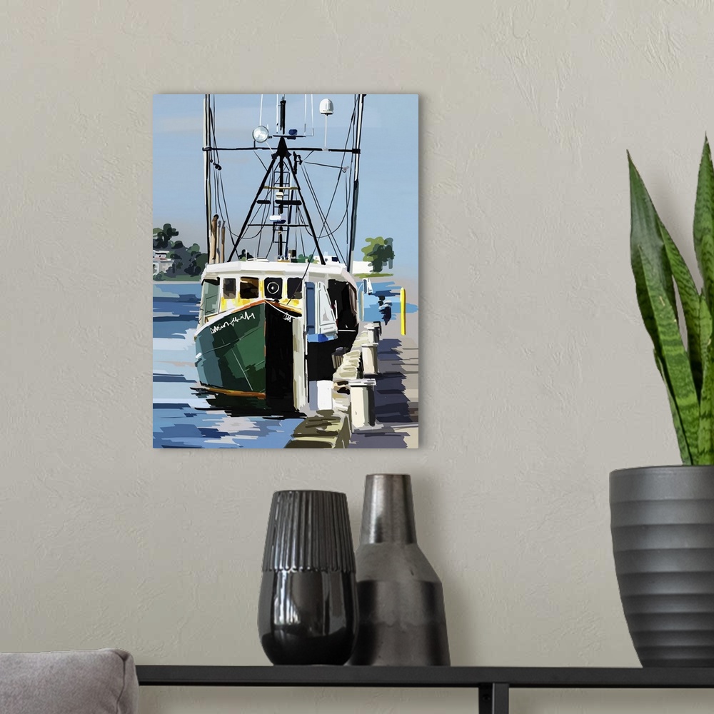 A modern room featuring Artwork of a fishing boat near a concrete pier.