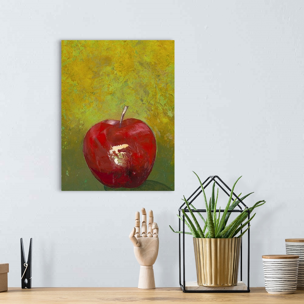 A bohemian room featuring Contemporary painting of an apple against a green background.