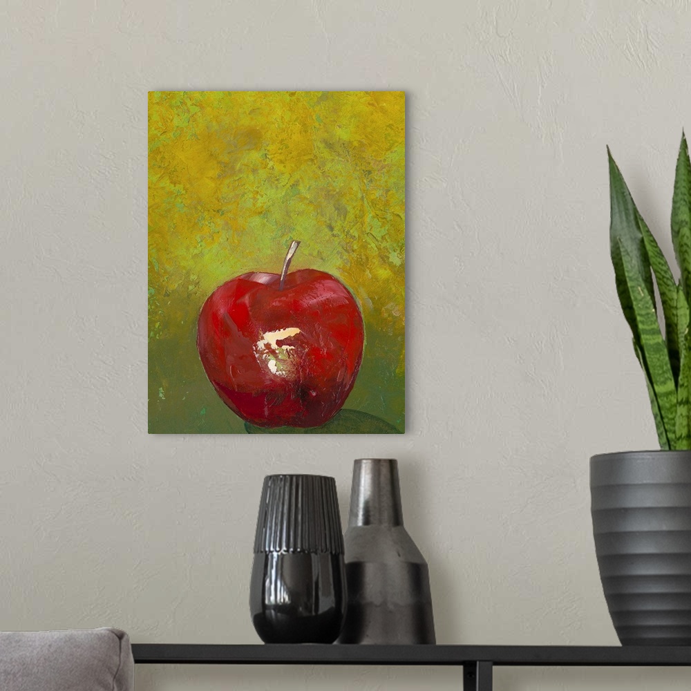 A modern room featuring Contemporary painting of an apple against a green background.