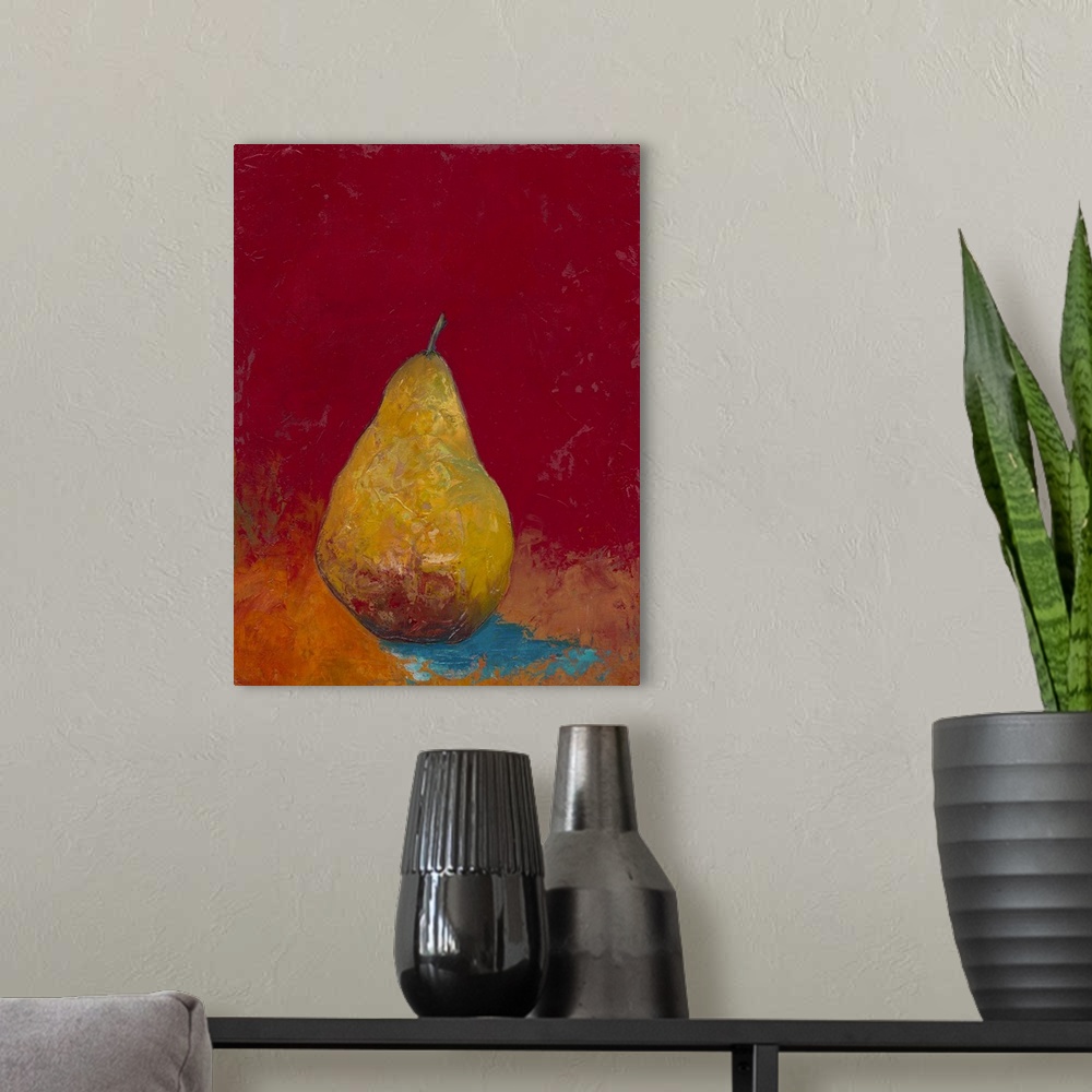 A modern room featuring Contemporary painting of a pear against a green background.