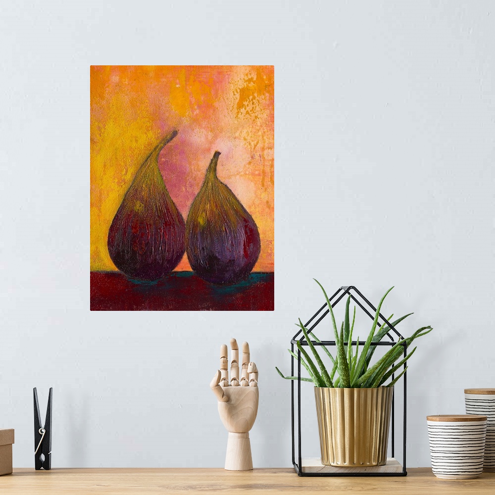 A bohemian room featuring Contemporary painting of a two pears against a green background.