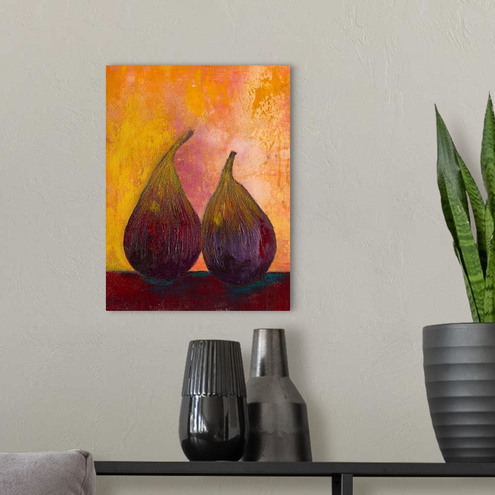 A modern room featuring Contemporary painting of a two pears against a green background.