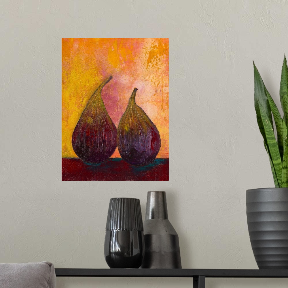A modern room featuring Contemporary painting of a two pears against a green background.