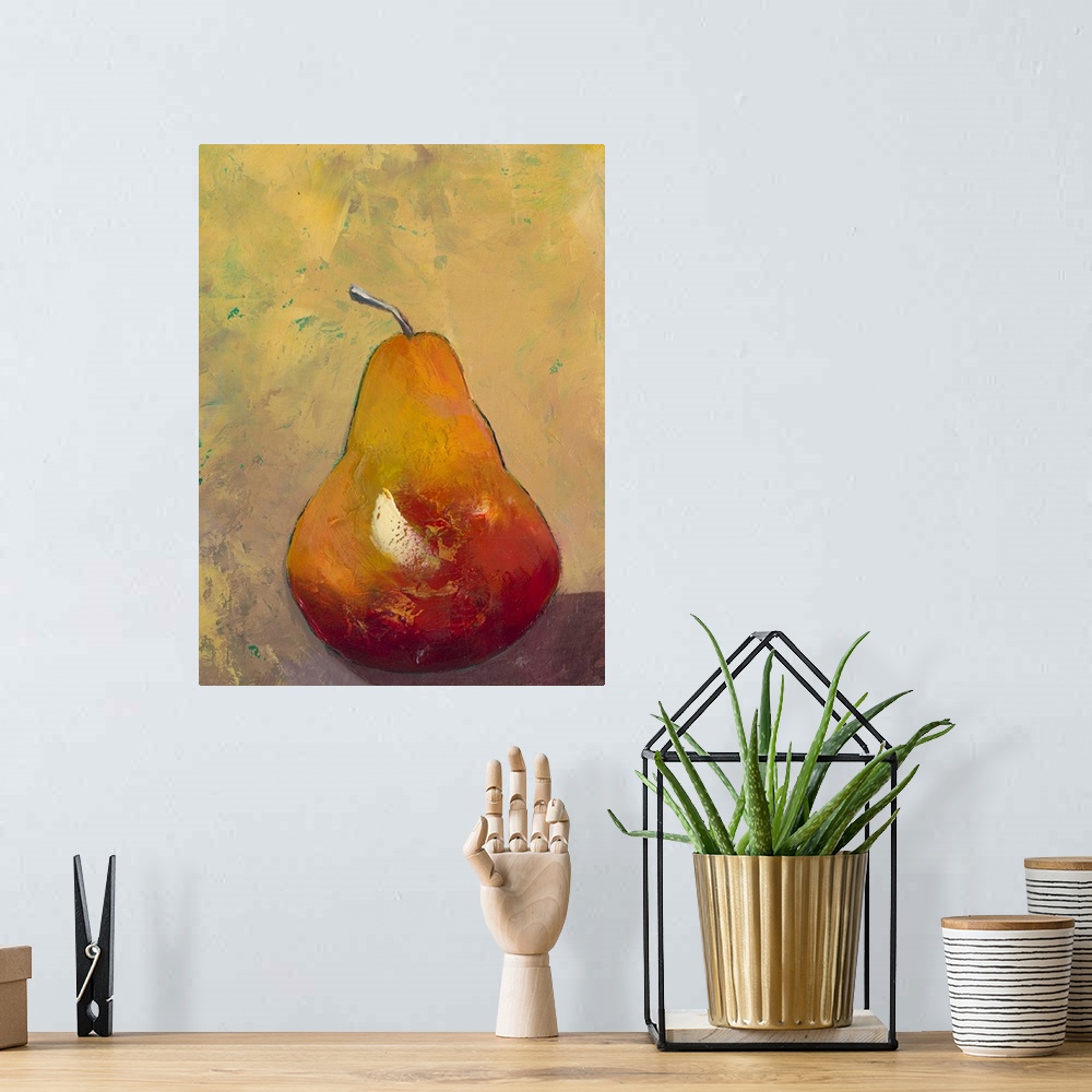 A bohemian room featuring Contemporary painting of a pear against a green background.