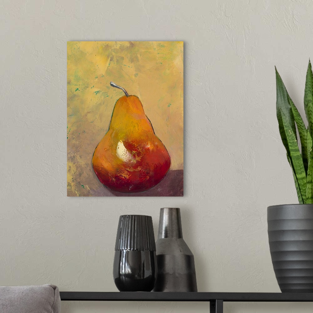 A modern room featuring Contemporary painting of a pear against a green background.