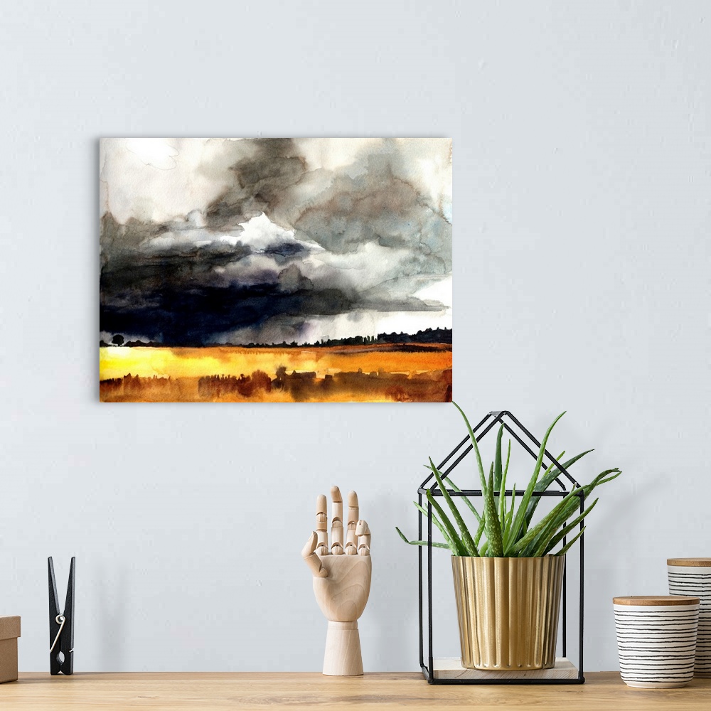 A bohemian room featuring A bold contemporary watercolor painting of dark storm clouds over a landscape of golden fields. T...