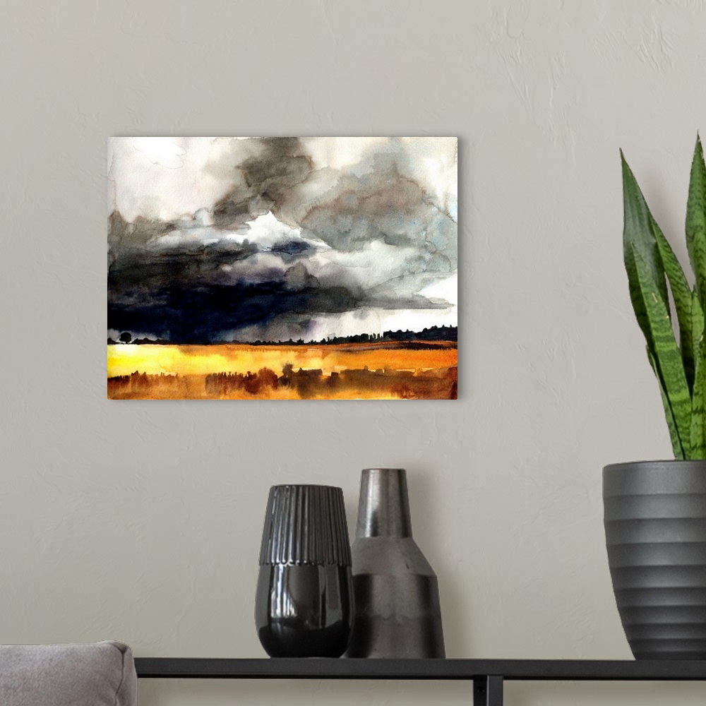 A modern room featuring A bold contemporary watercolor painting of dark storm clouds over a landscape of golden fields. T...