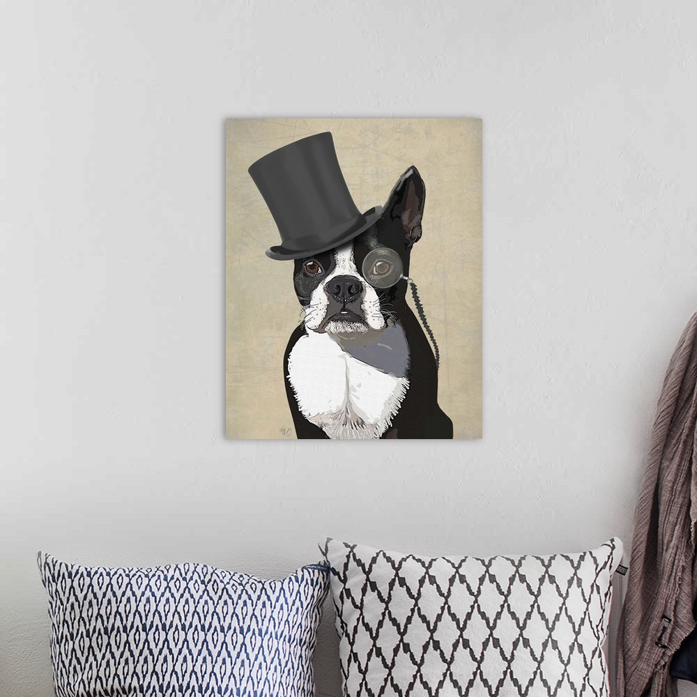 A bohemian room featuring A sharp-dressed Boston terrier wearing a monocle and top hat.