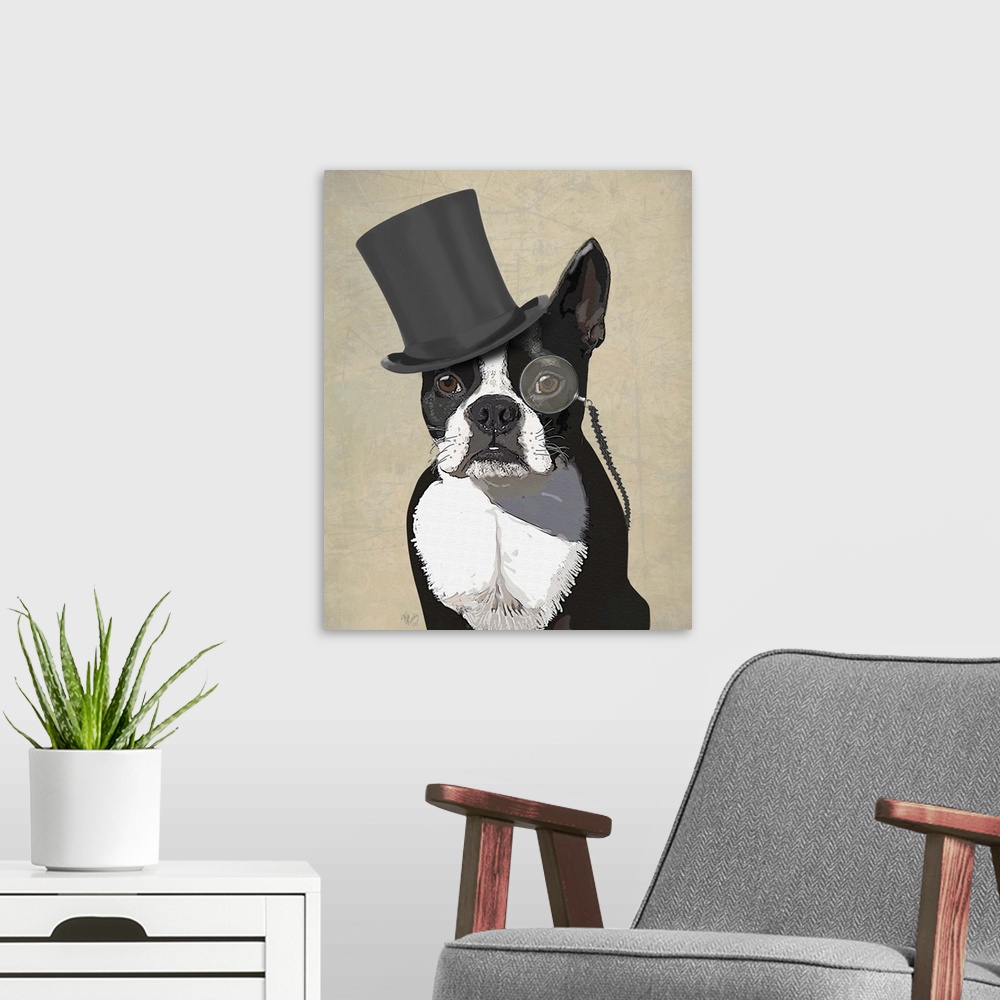 A modern room featuring A sharp-dressed Boston terrier wearing a monocle and top hat.