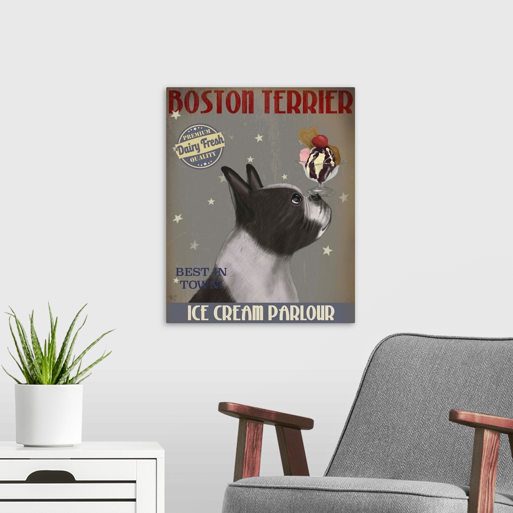 A modern room featuring Decorative artwork of a Boston Terrier balancing an ice cream sundae on its nose in an advertisem...