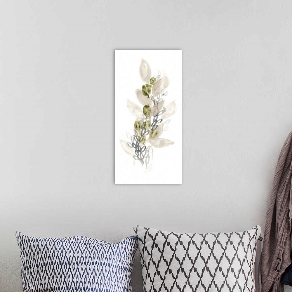 A bohemian room featuring Simple watercolor artwork of a bouquet of flowers in pale earth tones.