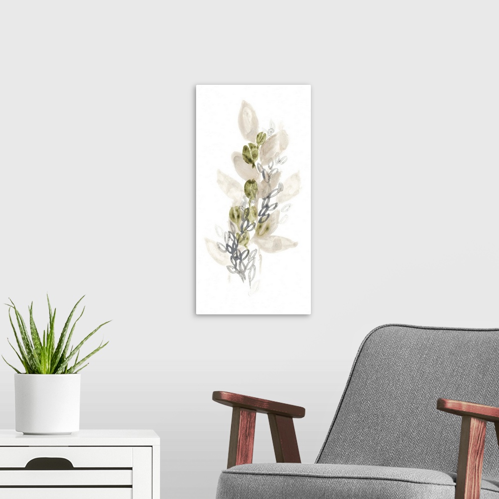 A modern room featuring Simple watercolor artwork of a bouquet of flowers in pale earth tones.