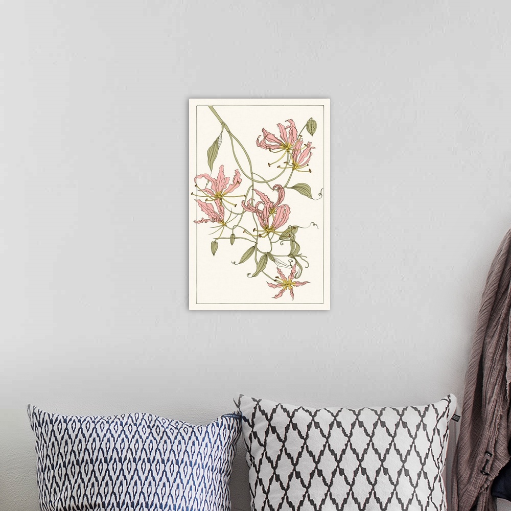 A bohemian room featuring Vintage style illustration of hanging lilies.