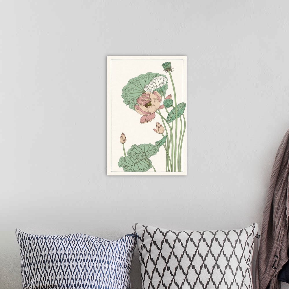 A bohemian room featuring Vintage style illustration of long stemmed lotus blossoms and leaves.
