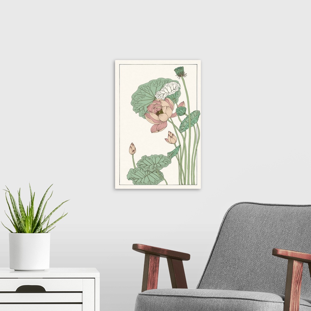 A modern room featuring Vintage style illustration of long stemmed lotus blossoms and leaves.
