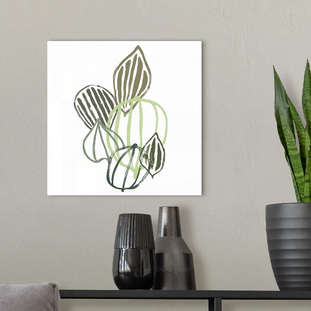 A modern room featuring This contemporary artwork features soft painted lines in shades of green that form seedpods over ...