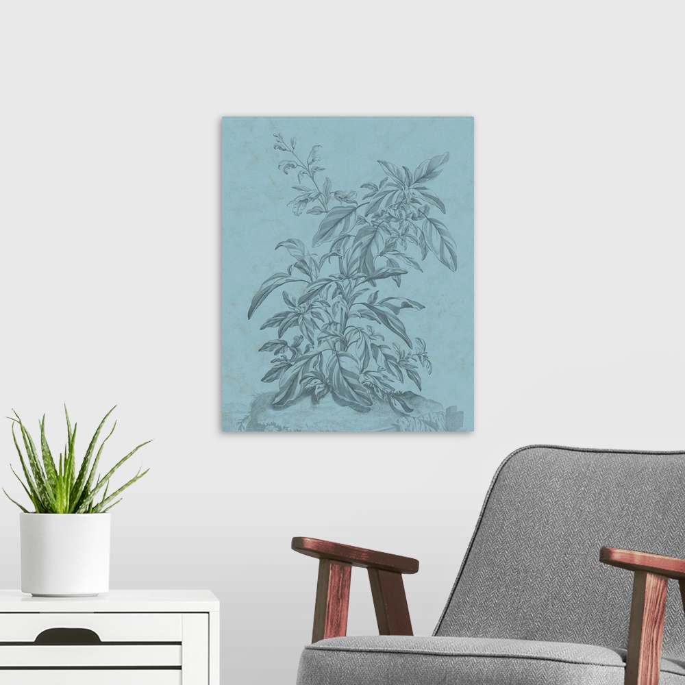 A modern room featuring This decorative artwork features an illustrative plant over a distressed blue background with a f...