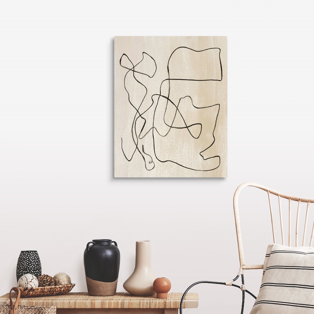 A farmhouse room featuring Contemporary abstract painting of curved lines on a neutral background.