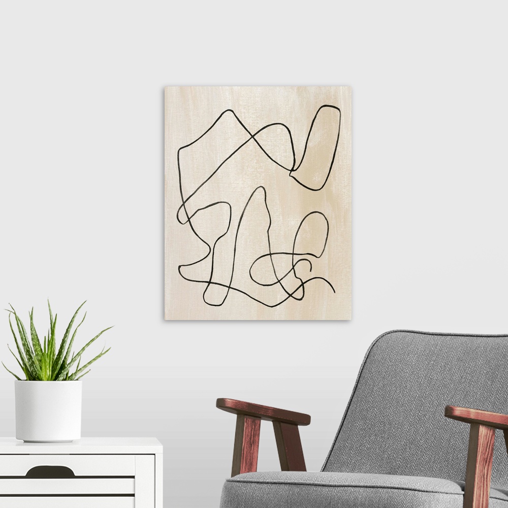 A modern room featuring Contemporary abstract painting of curved lines on a neutral background.