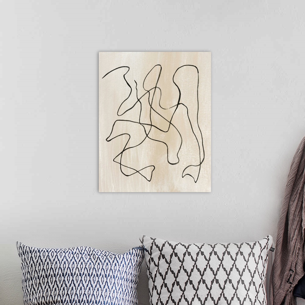 A bohemian room featuring Contemporary abstract painting of curved lines on a neutral background.