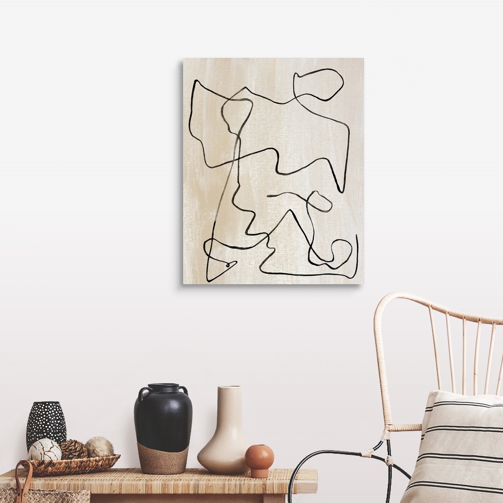 A farmhouse room featuring Contemporary abstract painting of curved lines on a neutral background.
