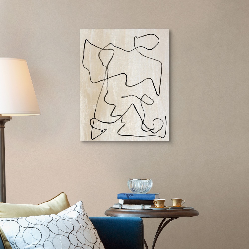 A traditional room featuring Contemporary abstract painting of curved lines on a neutral background.