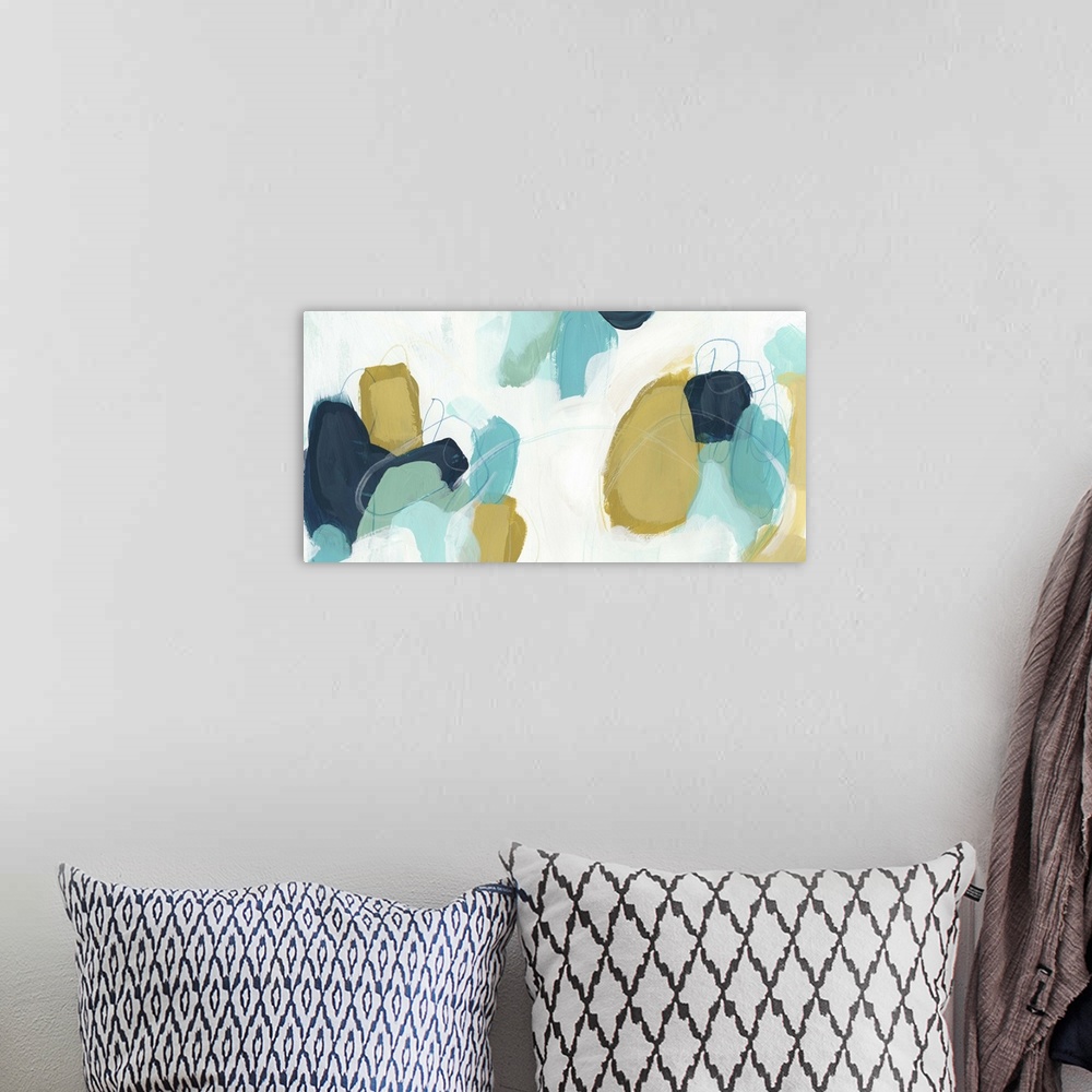 A bohemian room featuring Contemporary abstract painting using organic shapes in contrasting colors.