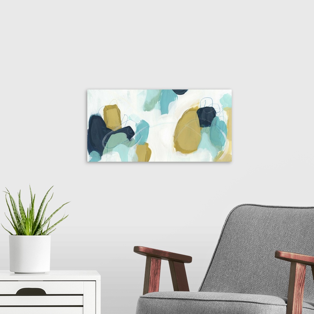 A modern room featuring Contemporary abstract painting using organic shapes in contrasting colors.