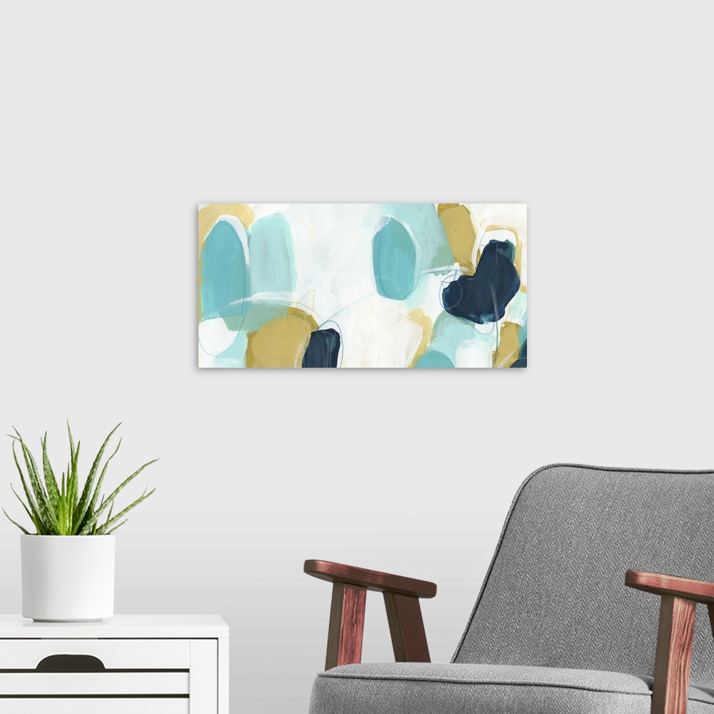 A modern room featuring Contemporary abstract painting using organic shapes in contrasting colors.