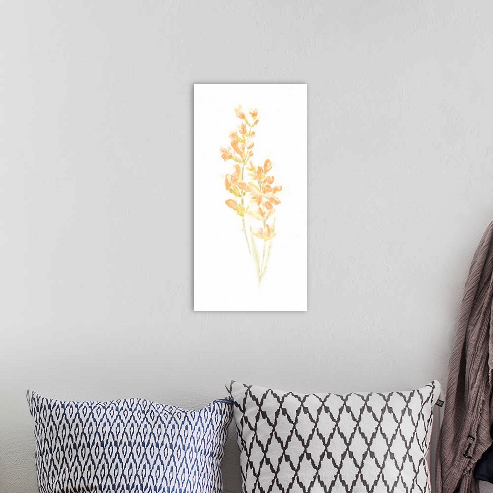 A bohemian room featuring Simple watercolor artwork of a bouquet of flowers in bright orange shades.