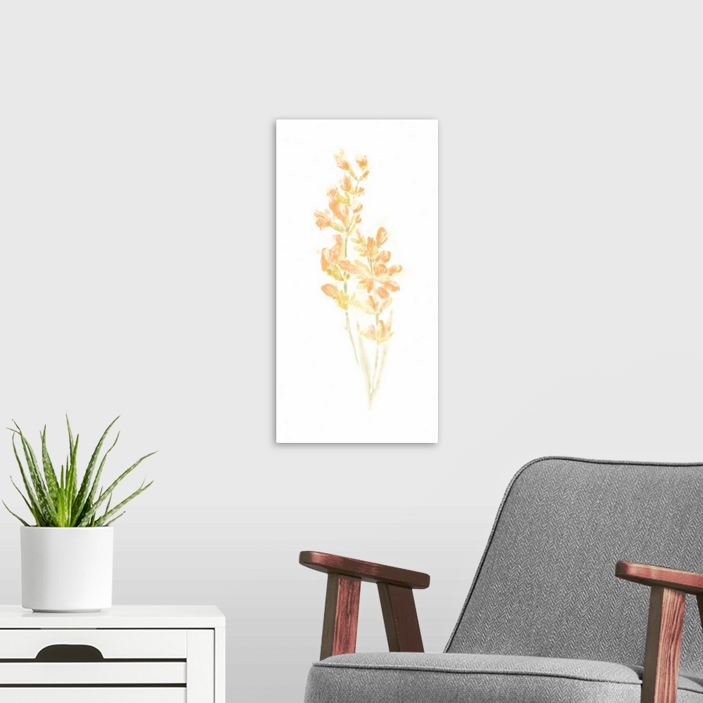 A modern room featuring Simple watercolor artwork of a bouquet of flowers in bright orange shades.