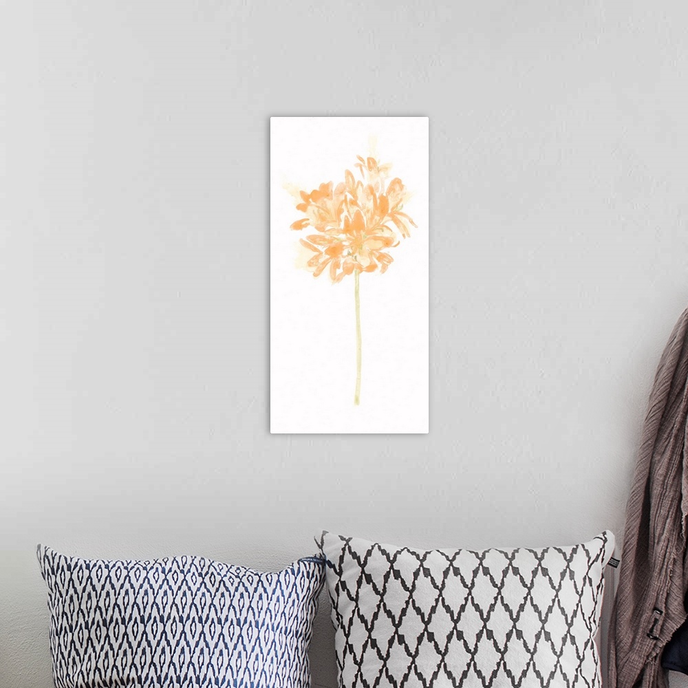 A bohemian room featuring Simple watercolor artwork of a bouquet of flowers in bright orange shades.