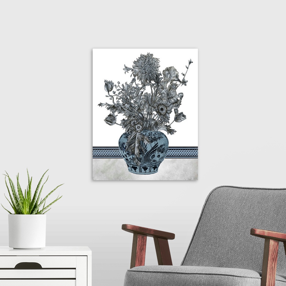 A modern room featuring Artistic image of a bouquet of flowers in a decorative pot against a border lined backdrop, all i...