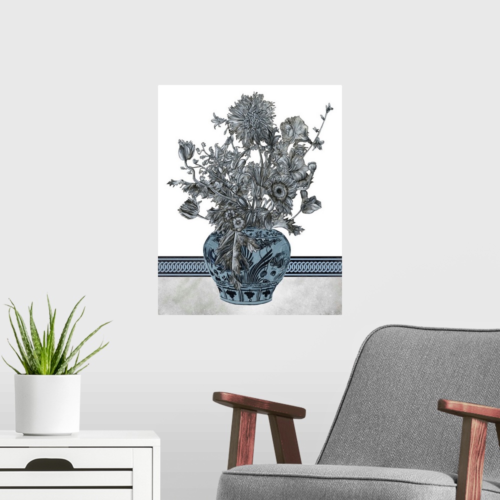 A modern room featuring Artistic image of a bouquet of flowers in a decorative pot against a border lined backdrop, all i...