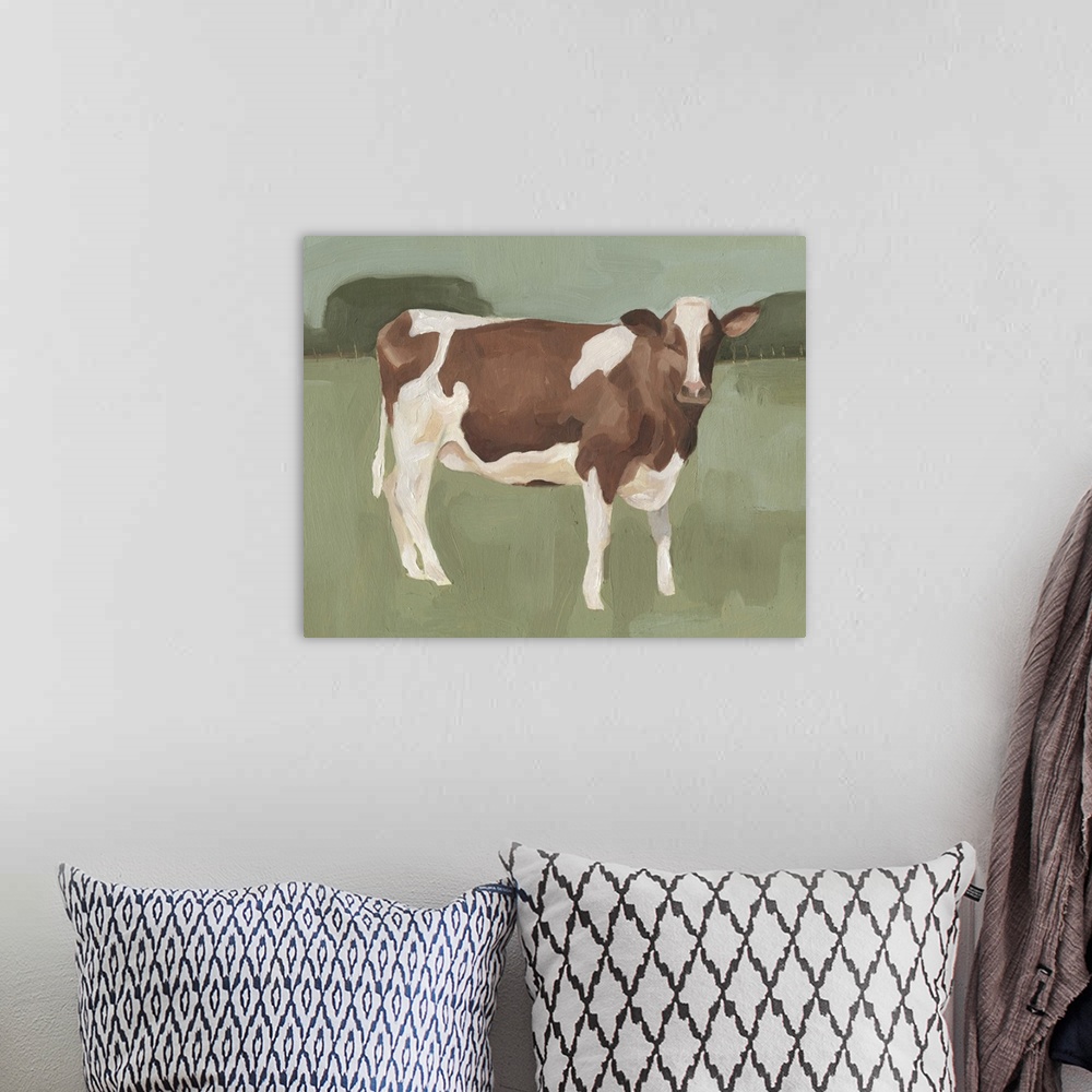 A bohemian room featuring Contemporary painting of a brown and white cow standing in a field of spotted shades of green.