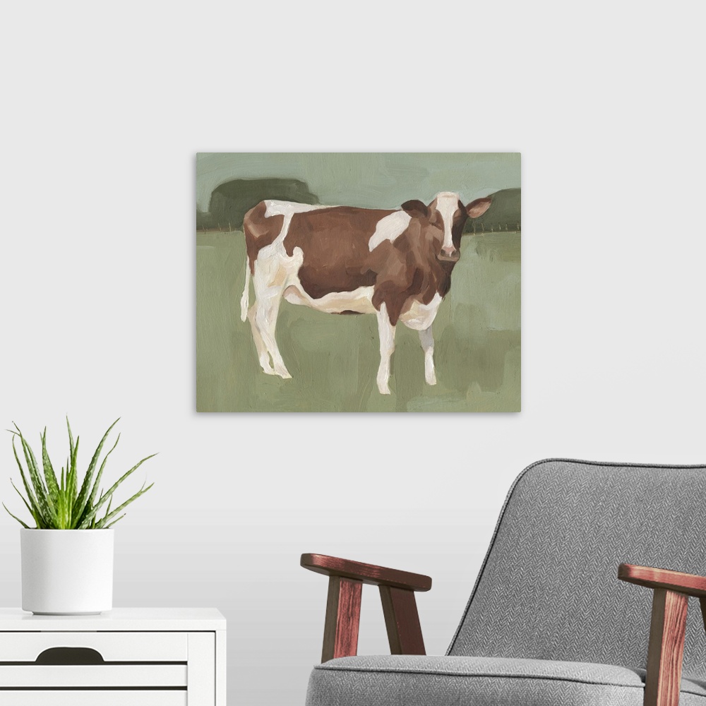 A modern room featuring Contemporary painting of a brown and white cow standing in a field of spotted shades of green.