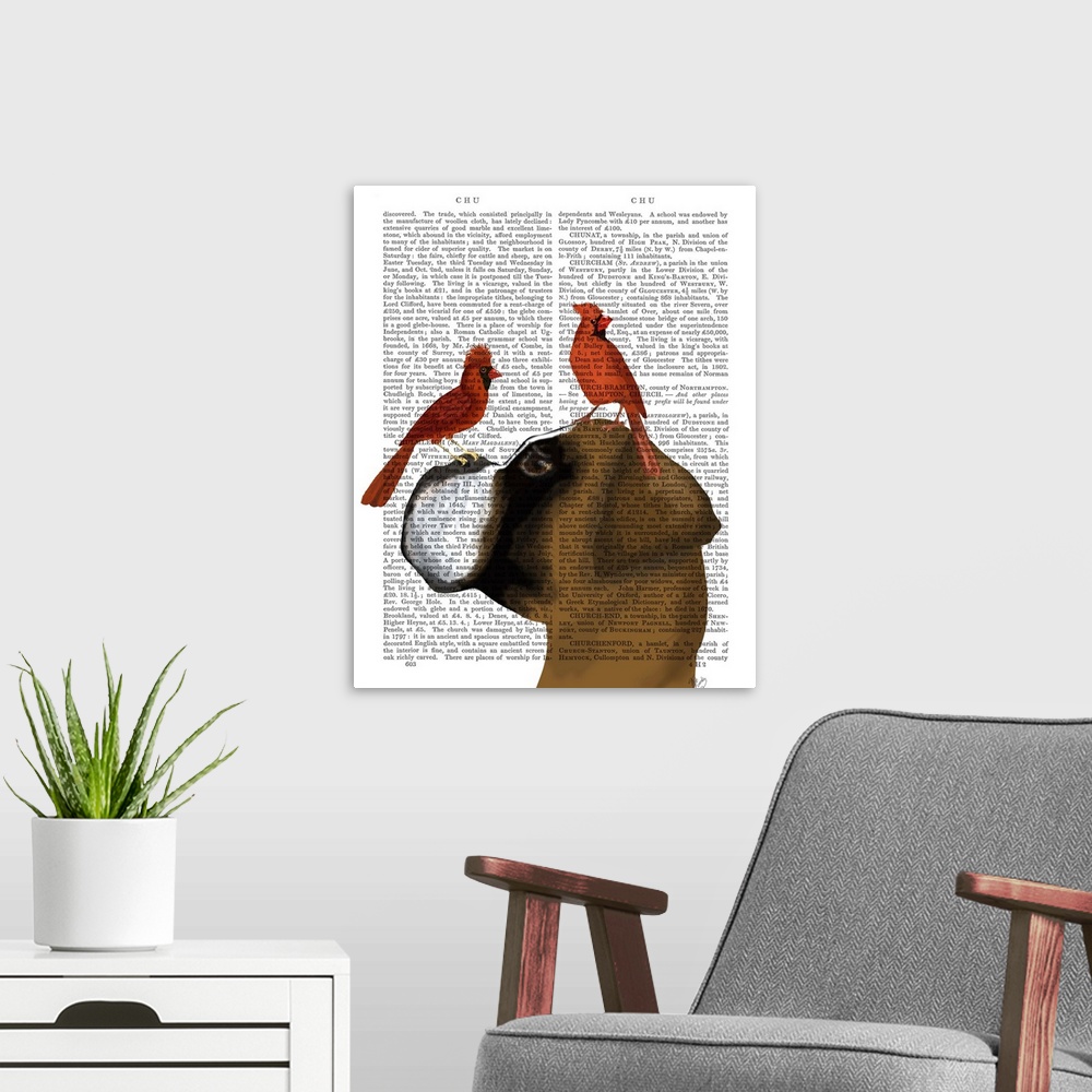 A modern room featuring Decorative art with a boxer and two red cardinals on its head painted on the page of a book.